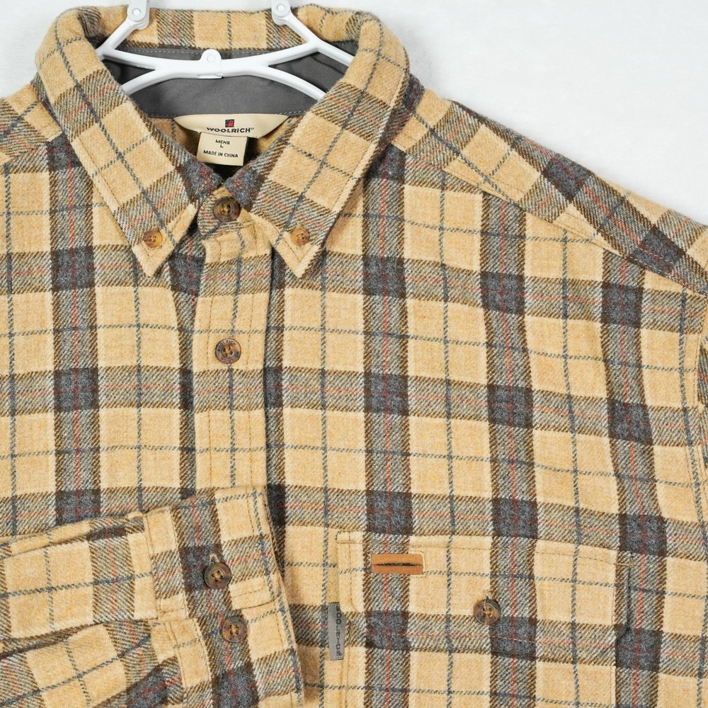 Woolrich Mens Khaki Heather Plaid Wool‎ Blend Flannel Button Down Shirt Large